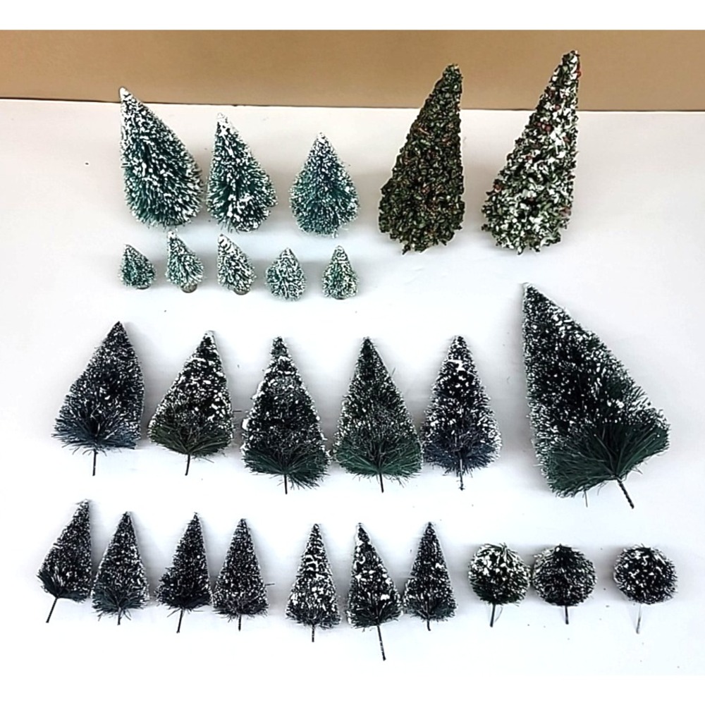 Lot of 26 Flocked Bottle Brush Trees 8 Sizes Wood & Wire Base Christmas Villages